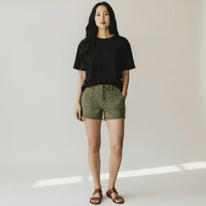 Gap Factory Olive Green Denim Shorts Size 6 Button Fly Raw Hem Stretch Casual
